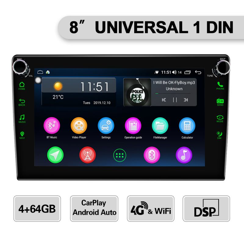 8-Kern 1 Din Autoradio mit Android Auto 4G Bluetooth GPS Navigation Head Unit